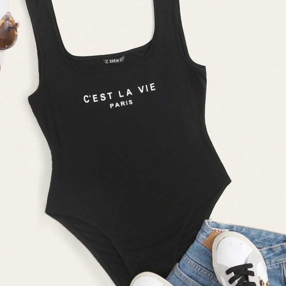 SHEIN Black C'est La Vie Bodysuit